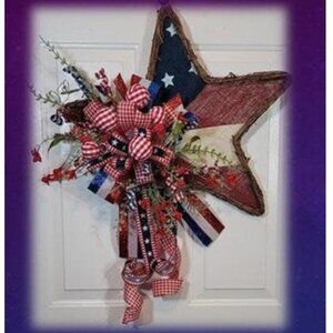 Stars / Stripes Wreath, Red White Blue Burlap Star 4th July Wreath, Hand Crafted